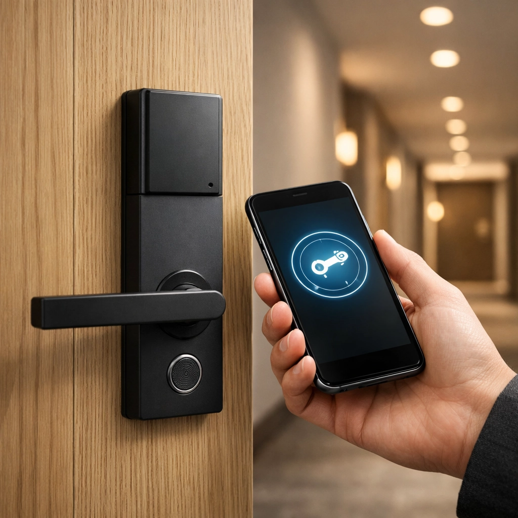 Close-up of a guest using a digital key on their smartphone to unlock a smart hotel room door.