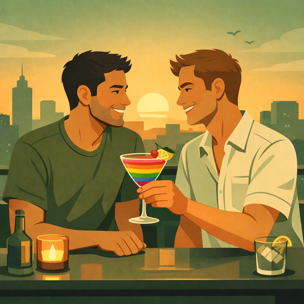 Two men celebrating with rainbow pride cocktail at contemporary gay bar rooftop