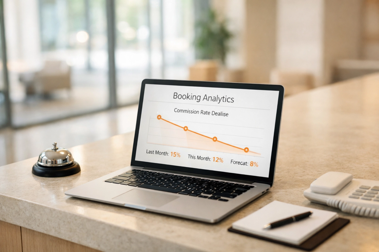 Hotel reception desk displaying booking analytics showing reduced OTA commission costs
