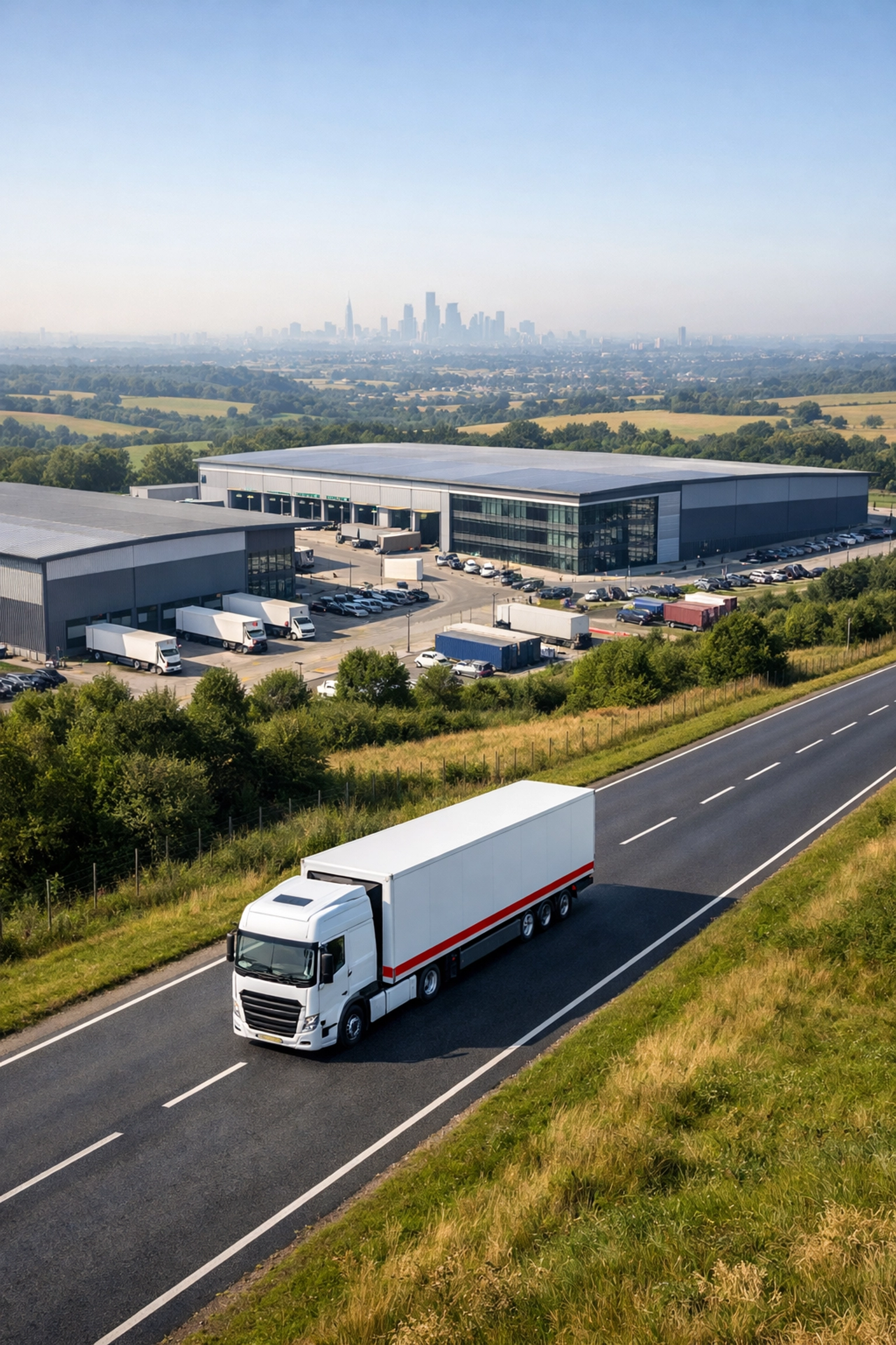 Modern logistics hub in Hertfordshire with a delivery truck servicing London and Enfield markets.