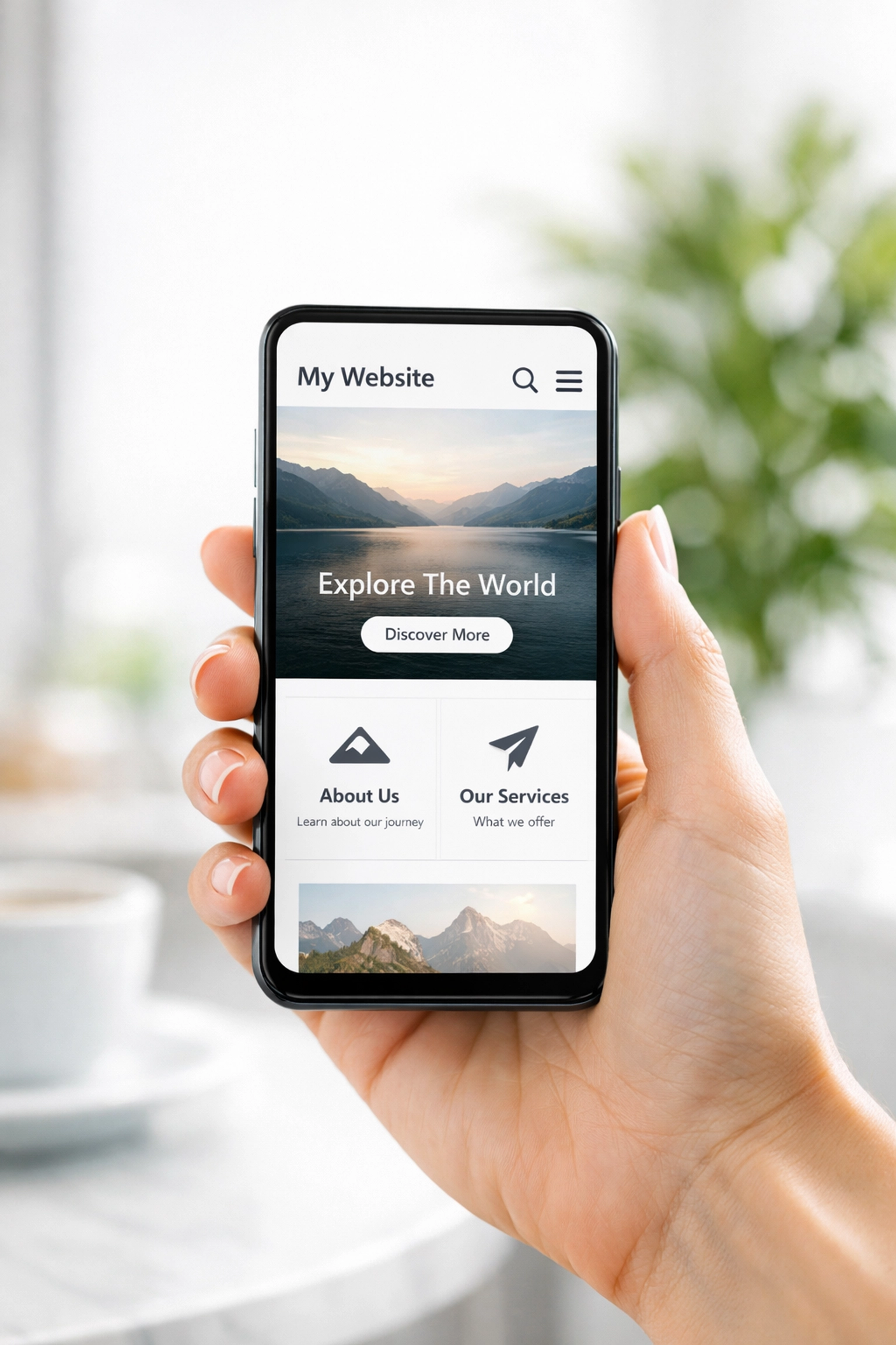 Person using a fast-loading mobile website design on a smartphone in a bright modern cafe.
