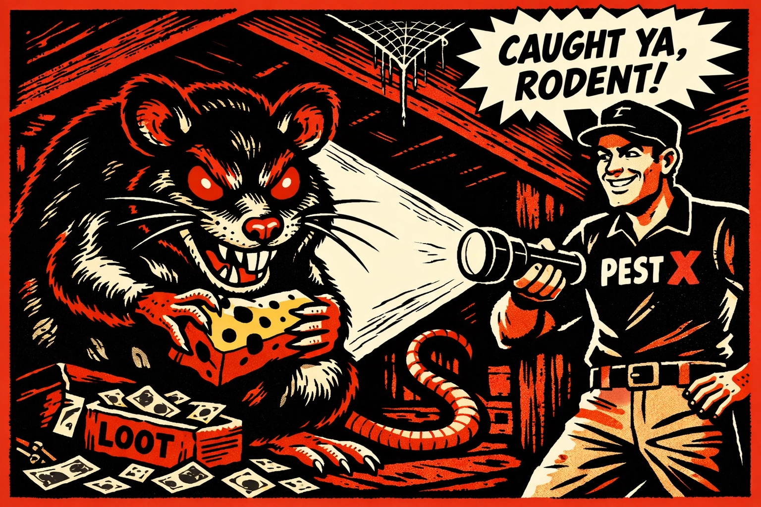 Heroic rodent control in Winston County: a technician catching a rat in an attic in retro comic style