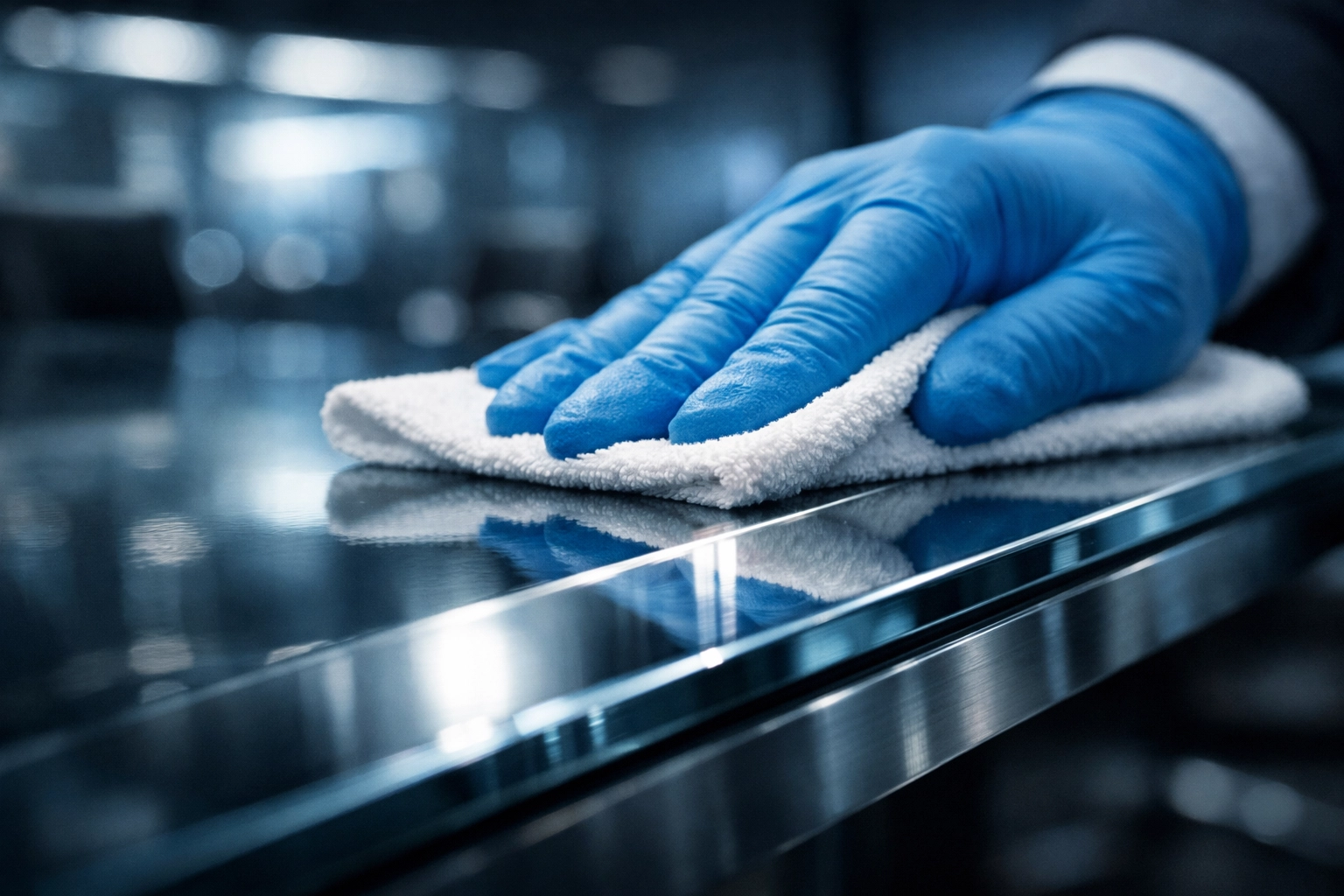 Sanitizing a conference table with healthcare-grade precision for office cleaning services in Orlando.