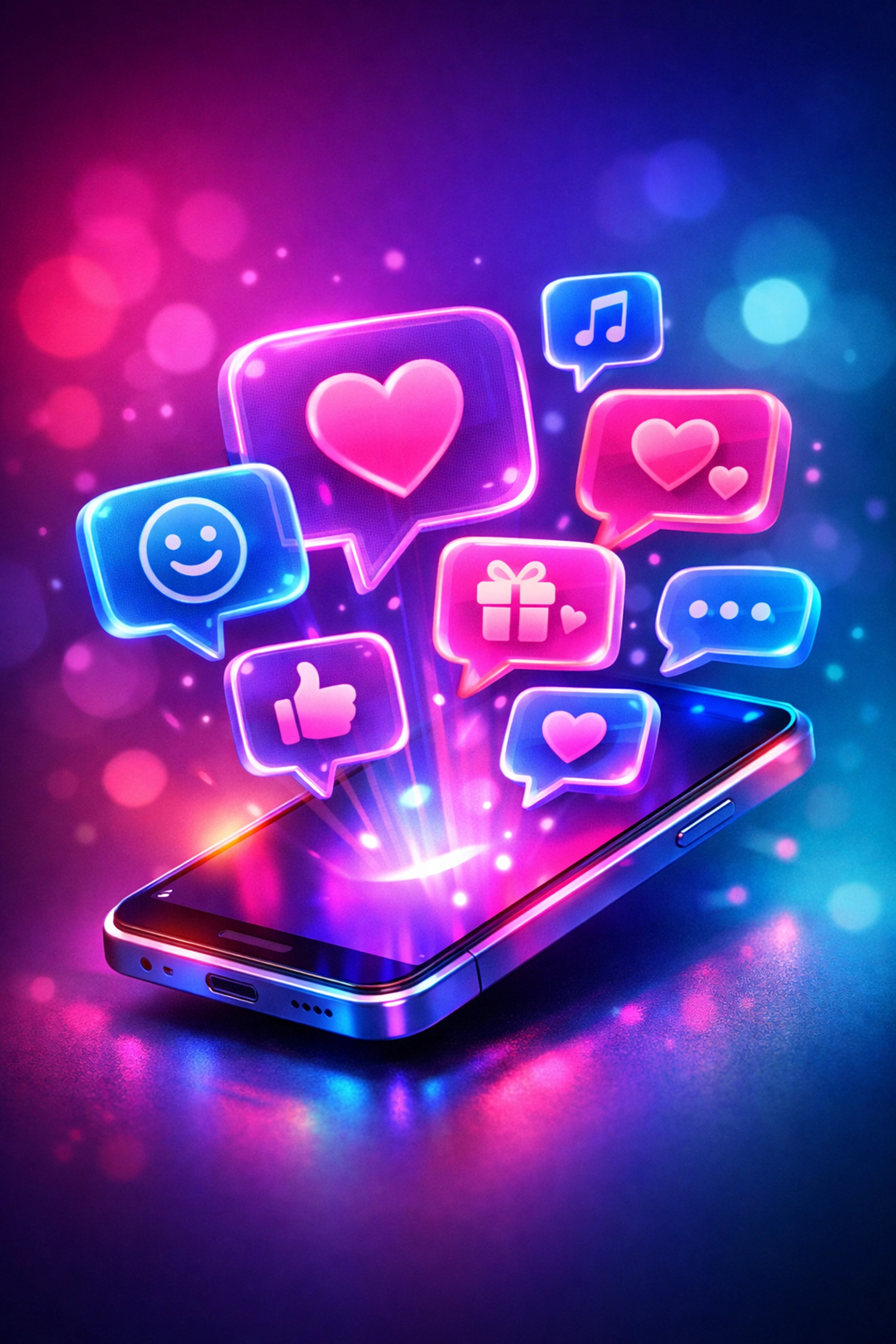 AI-assisted intimate messaging with glowing chat bubbles and heart icons on smartphone