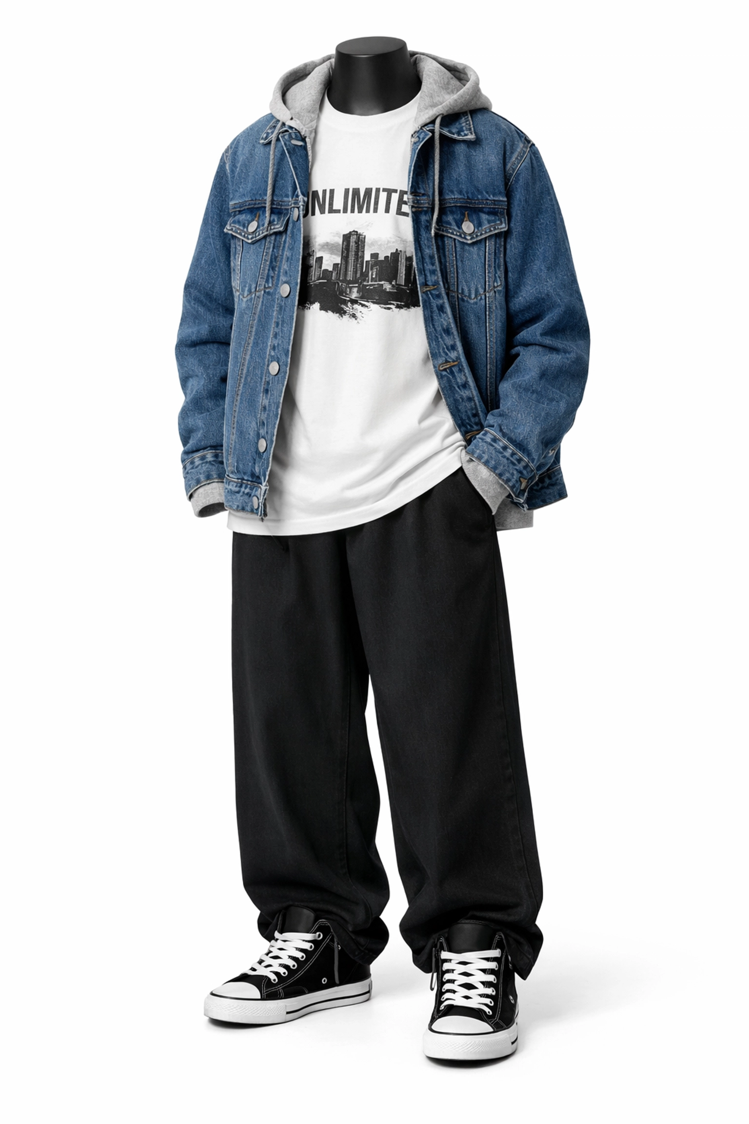 Layered streetwear outfit with denim jacket over graphic t-shirt and wide-leg pants