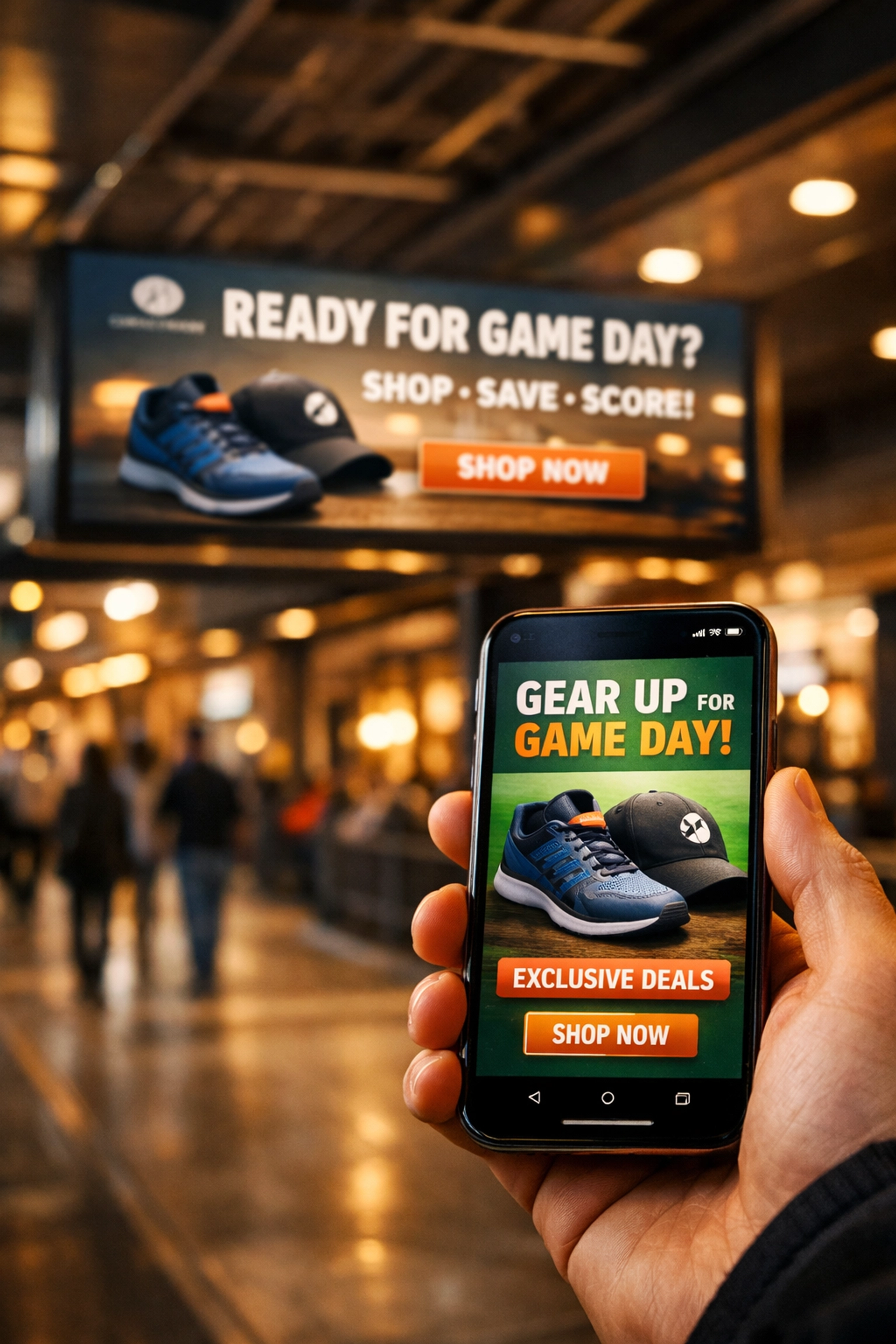 Mobile device and DOOH screen integration showing omnichannel sports marketing strategy