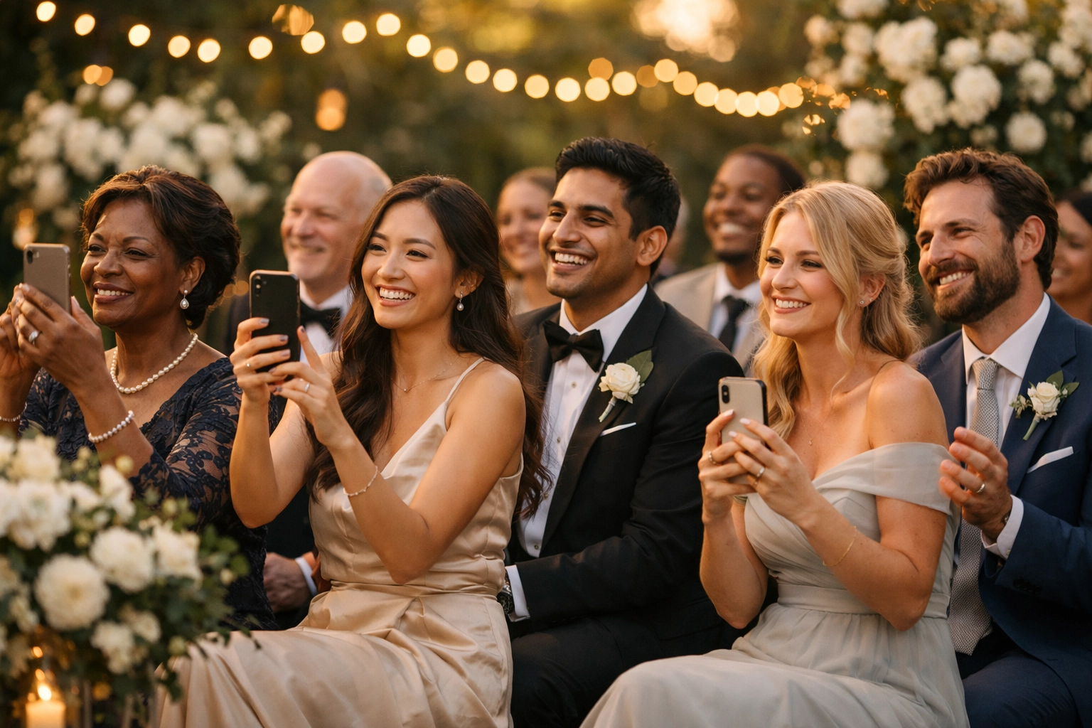 Happy wedding guests celebrating at outdoor ceremony with modern digital RSVPs