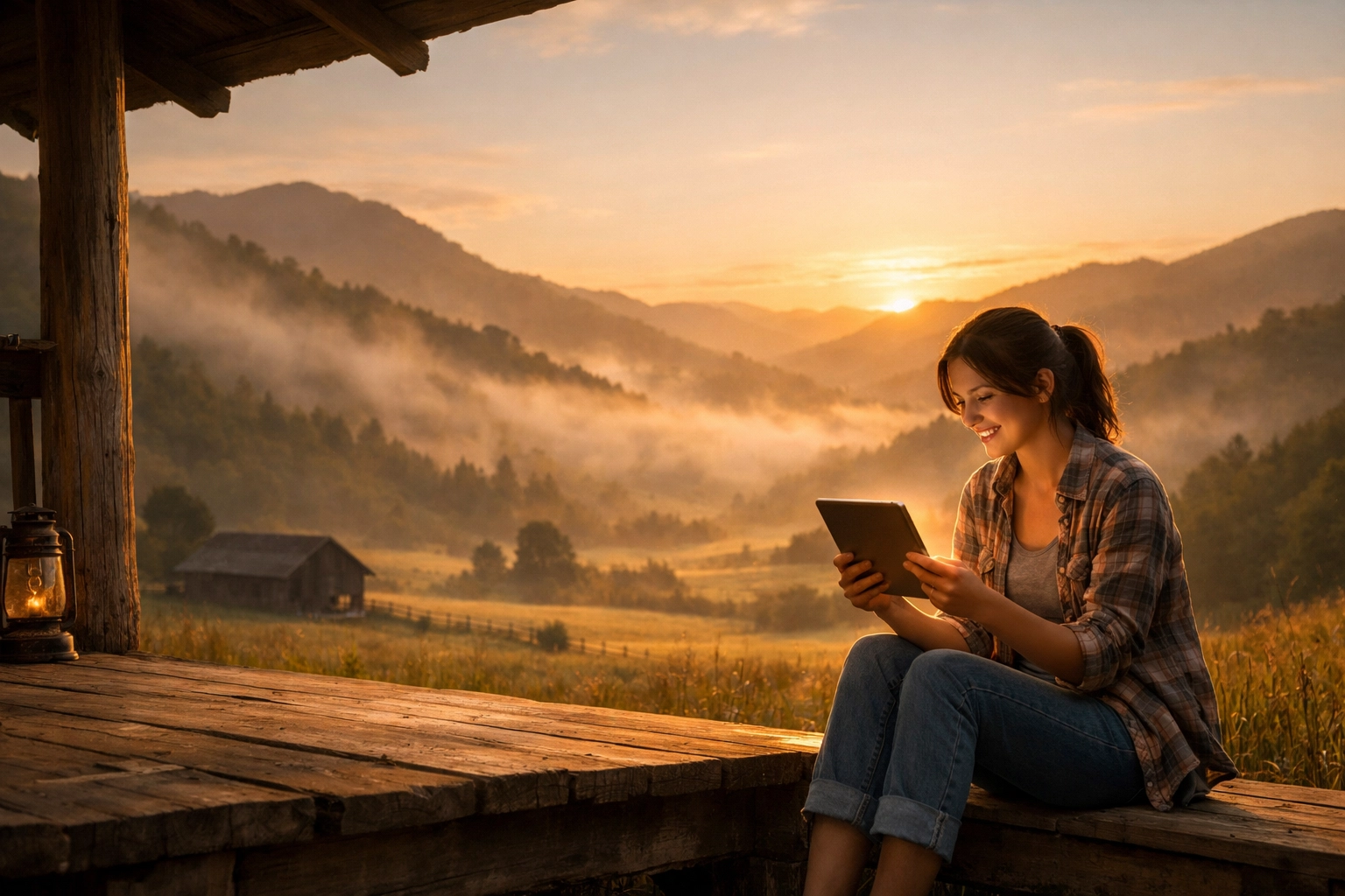 Woman using a tablet in a sunny rural valley illustrating digital well-being and connectivity.