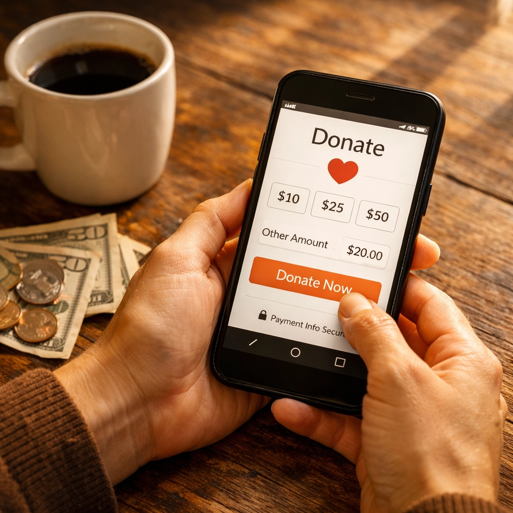 Close-up of a person using a smartphone to send a donation to Their Best Life Dog Sanctuary animal rescue.