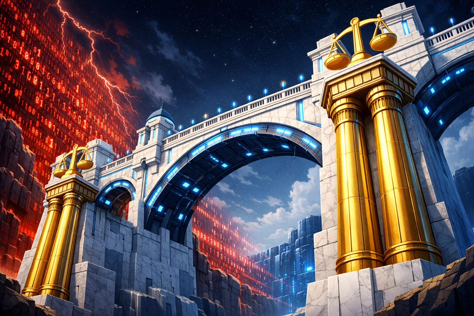 A stable digital bridge over a data storm illustrating Larecoin's US compliance and MTL strategy.