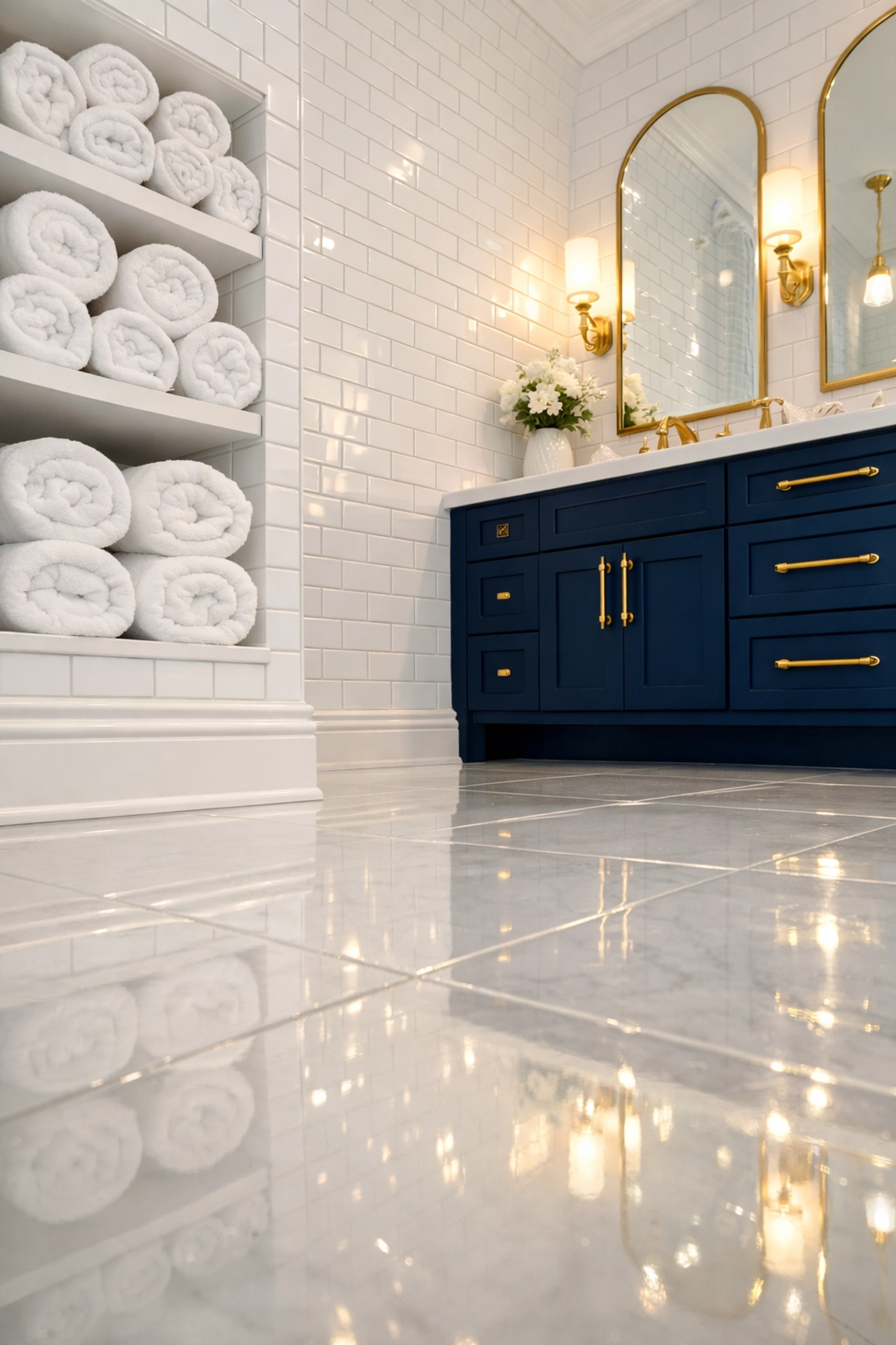 Luxury bathroom with immaculate grout and baseboards after a specialized deep cleaning in Westborough service.