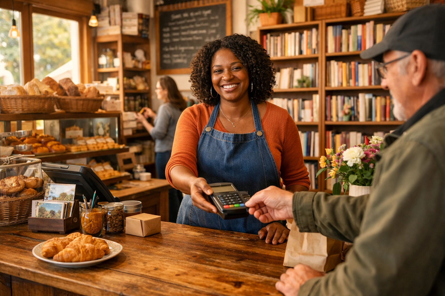 A local Black business owner serving a customer, showing community transformation through churches.