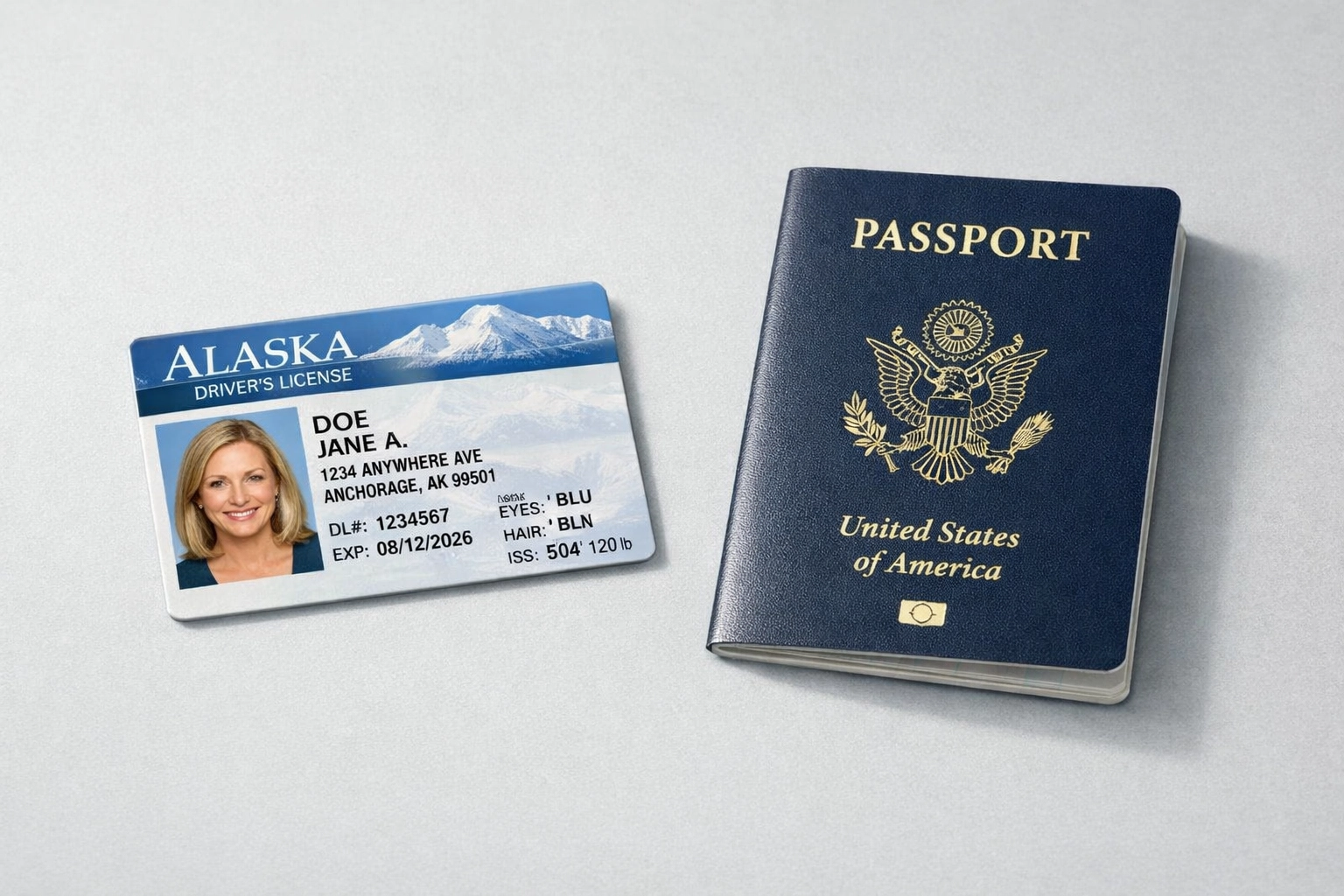 Alaska driver's license and passport showing valid ID required for notary services