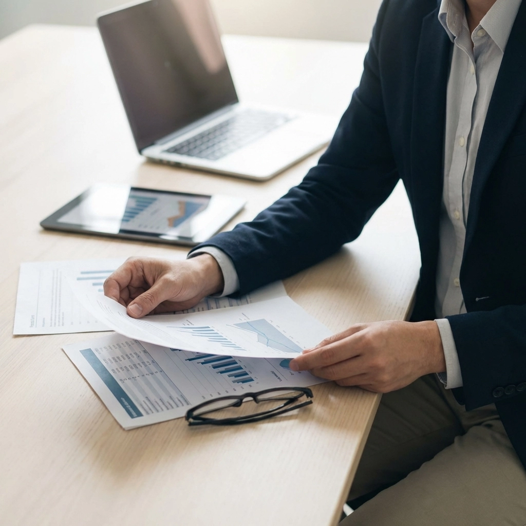 Financial advisor's hands reviewing printed client reports at conference table, highlighting importance of accurate client data in CRM adoption