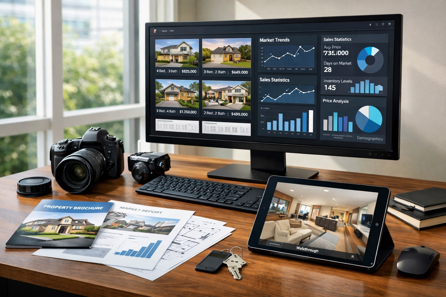 Real estate marketing workspace with property data analytics and digital listing tools