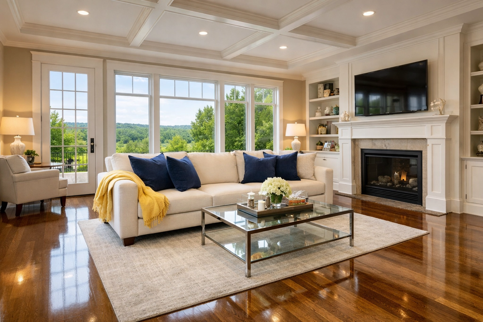 Pristine Westborough luxury living room with polished hardwood floors following a thorough deep cleaning service.