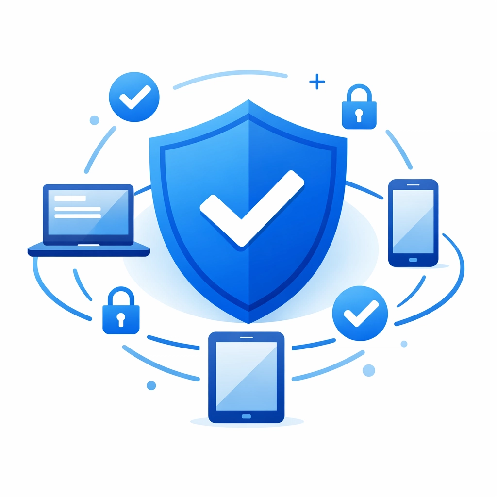 Security shield protecting business devices from phishing and cyber threats