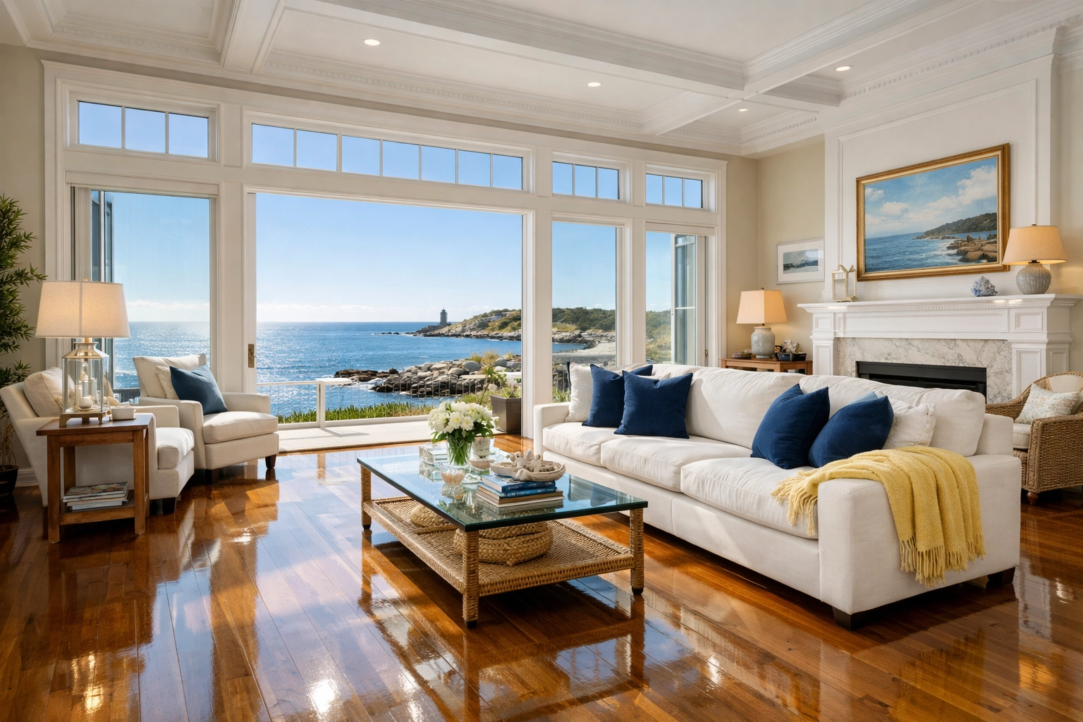 Pristine coastal living room in a luxury estate after a professional bi-weekly cleaning Cohasset session.
