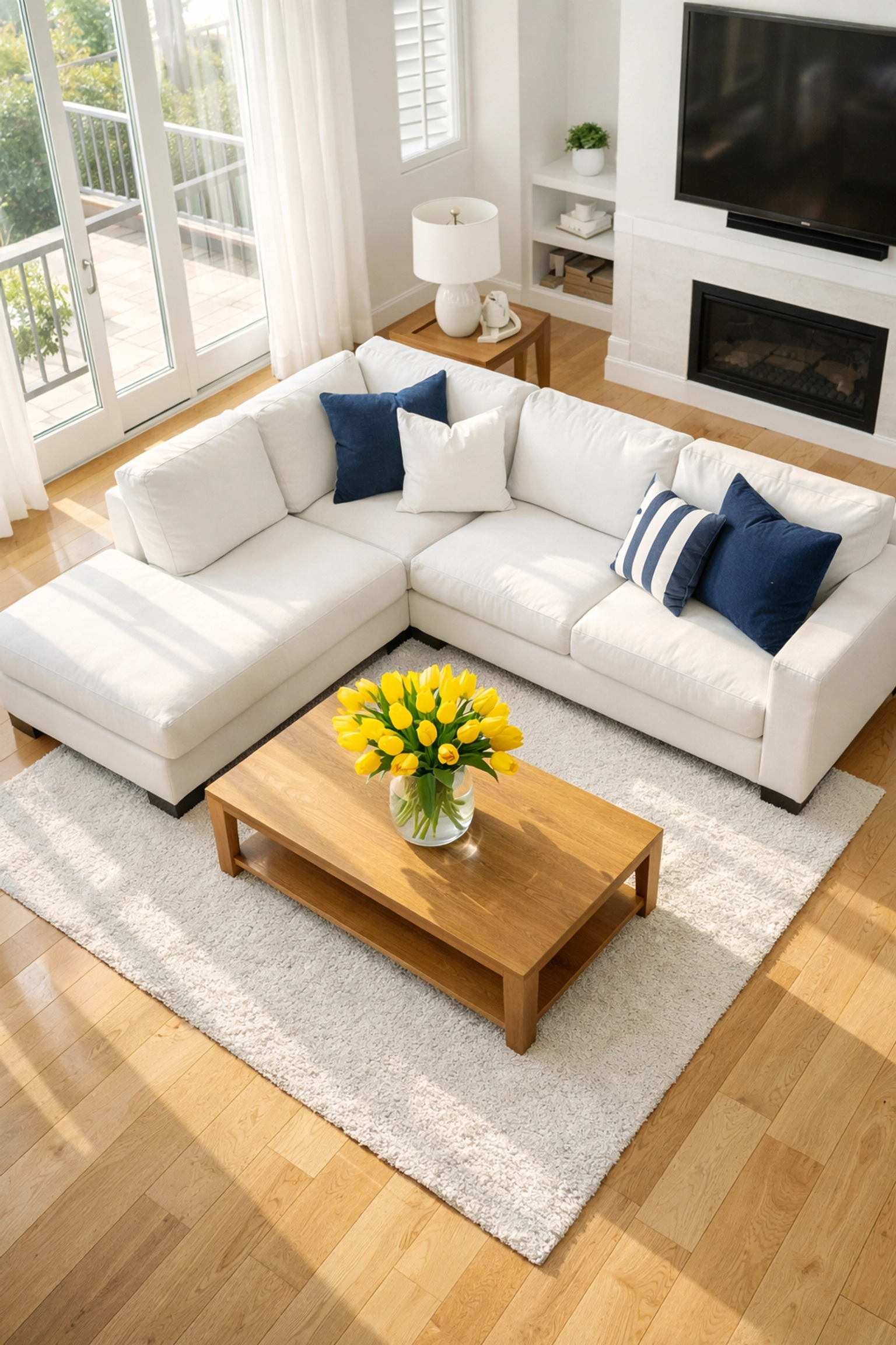 Professionally cleaned modern living room in a Leominster home featuring spotless hardwood floors.