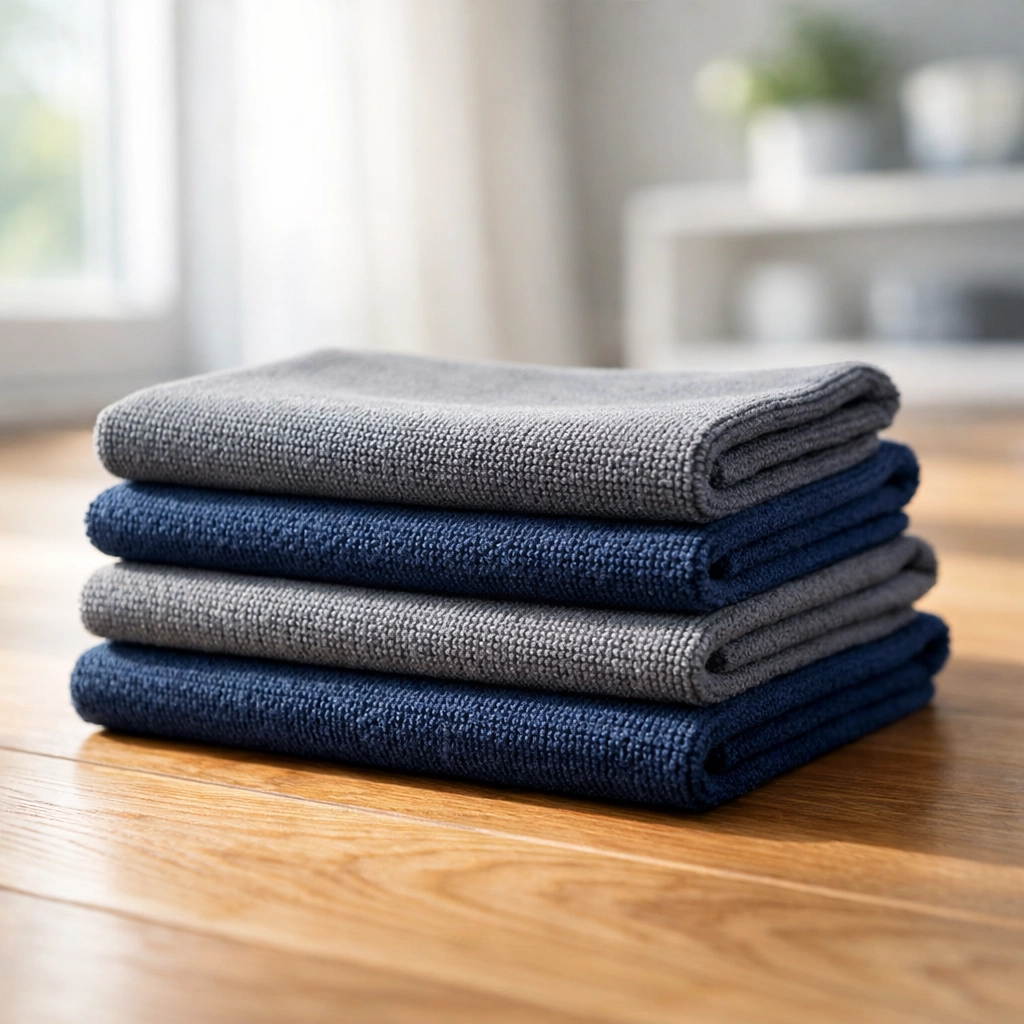 Professional microfiber cloths on a hardwood floor, representing high-velocity move out cleaning in Chicago.