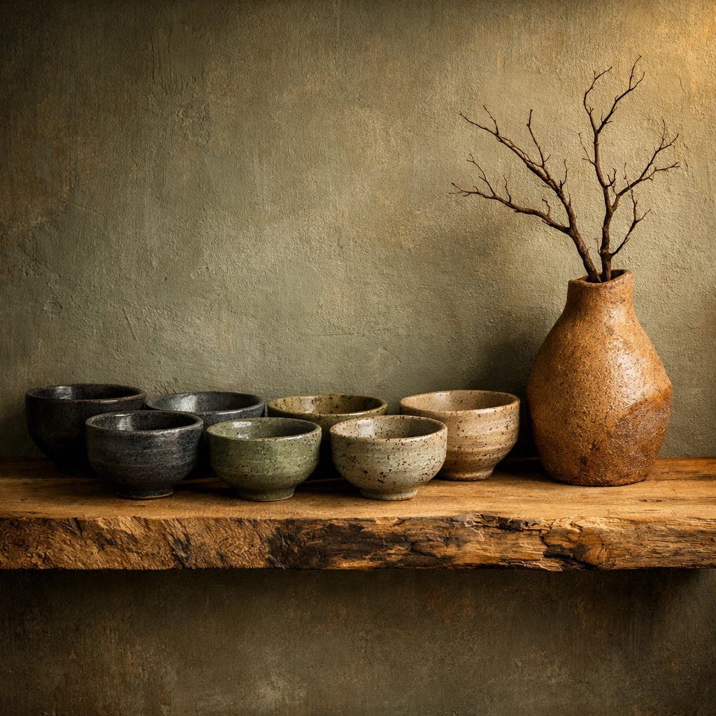 Handcrafted artisan stoneware bowls and a clay vase on a rustic wooden shelf.
