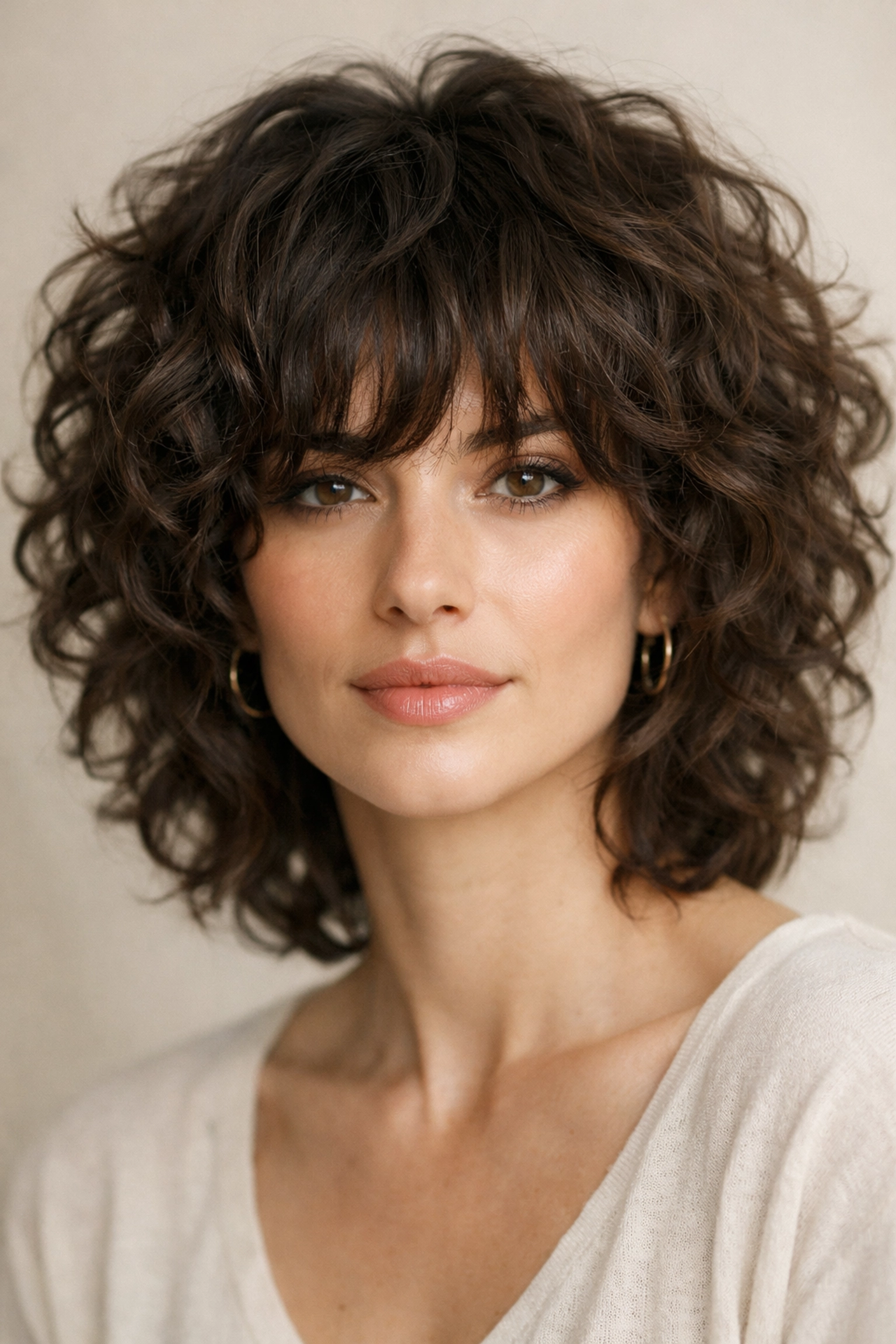 A modern curly shag haircut with bouncy chocolate brown curls and bangs at a Concord hair salon.