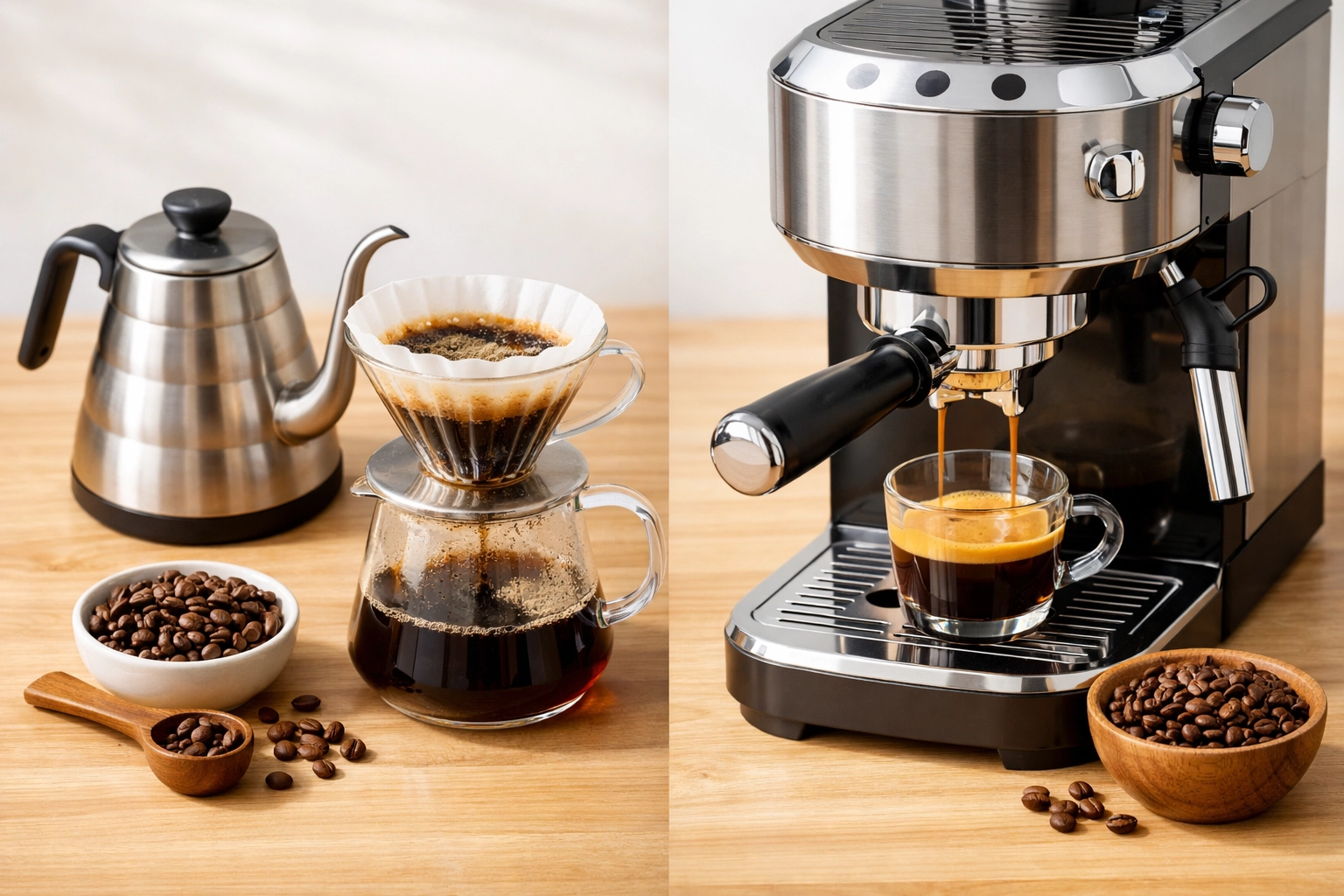 Pour-over dripper and espresso machine comparison showing different coffee brewing methods