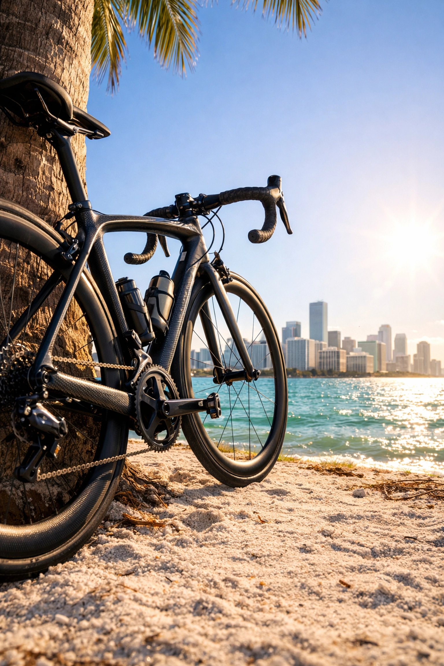 Lifestyle brand photography on the Rickenbacker Causeway featuring the beautiful Miami skyline.