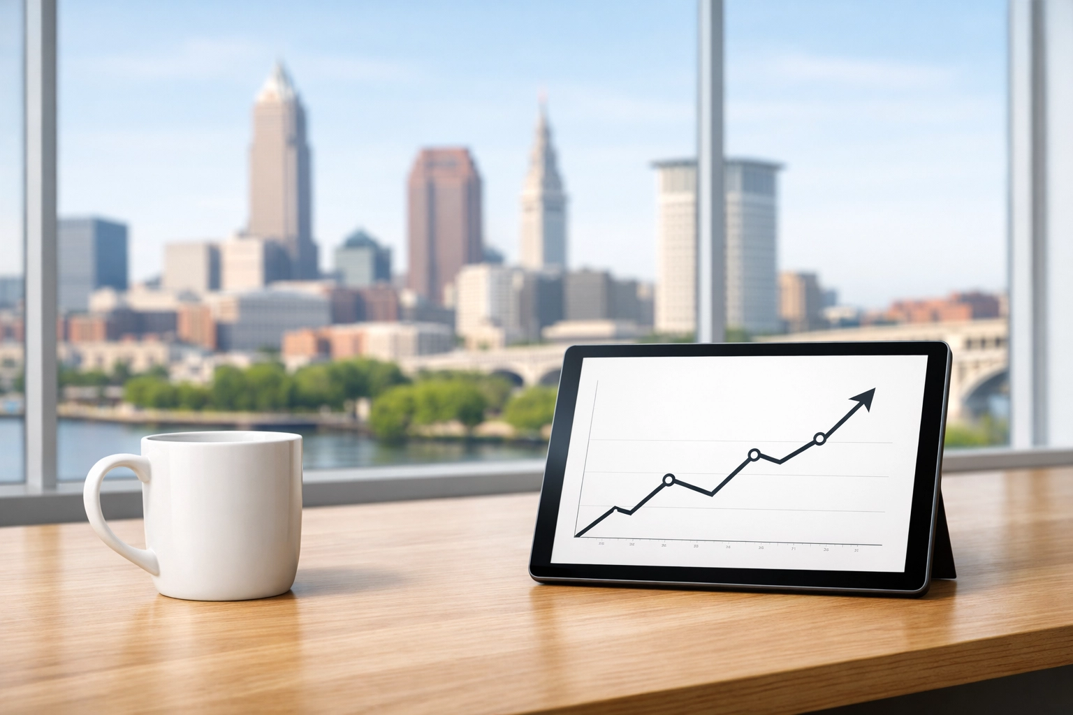 Modern office overlooking Cleveland with an upward growth graph illustrating real estate investment success.