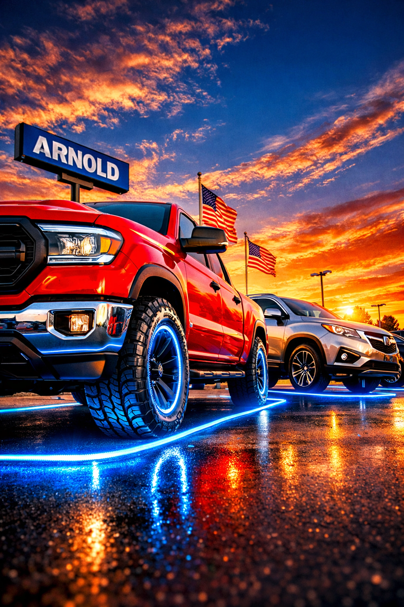 Modern pickup trucks and SUVs on the Grateful Motors car lot in Arnold MO.