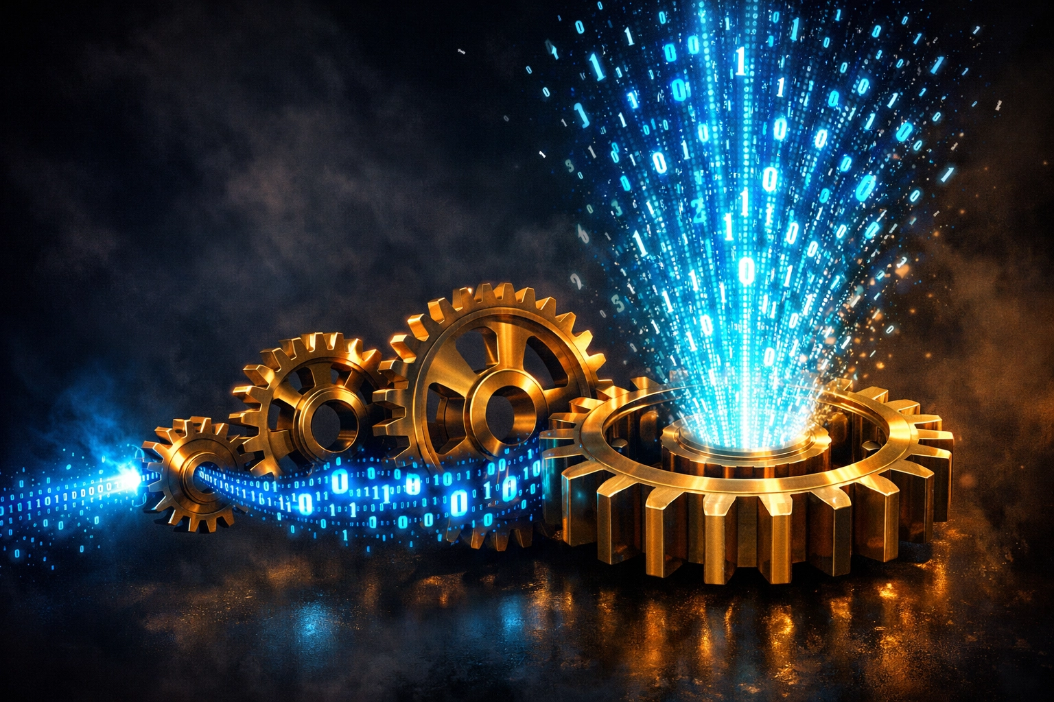 Golden industrial gears turning into digital code for exponential growth.