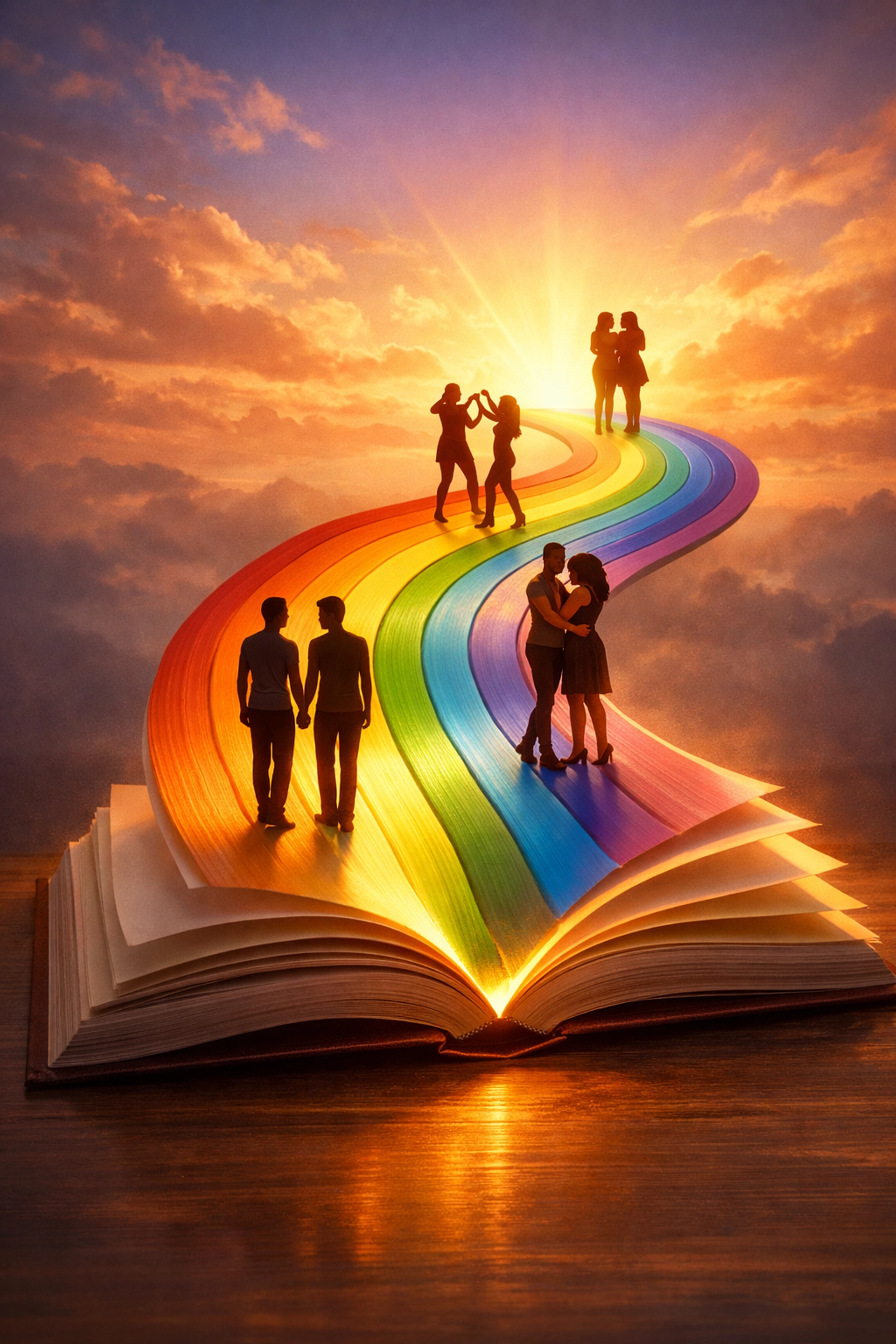 Open book with rainbow path featuring diverse LGBTQ+ couples representing gay romance stories