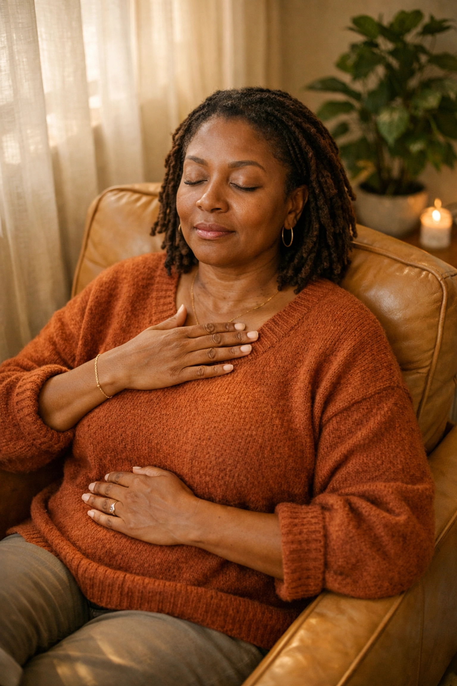 Woman practicing somatic body awareness technique during trauma therapy session