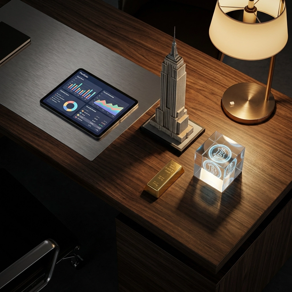 Modern financial portfolio tools shown with real estate models, gold, and digital assets on an executive's desk.