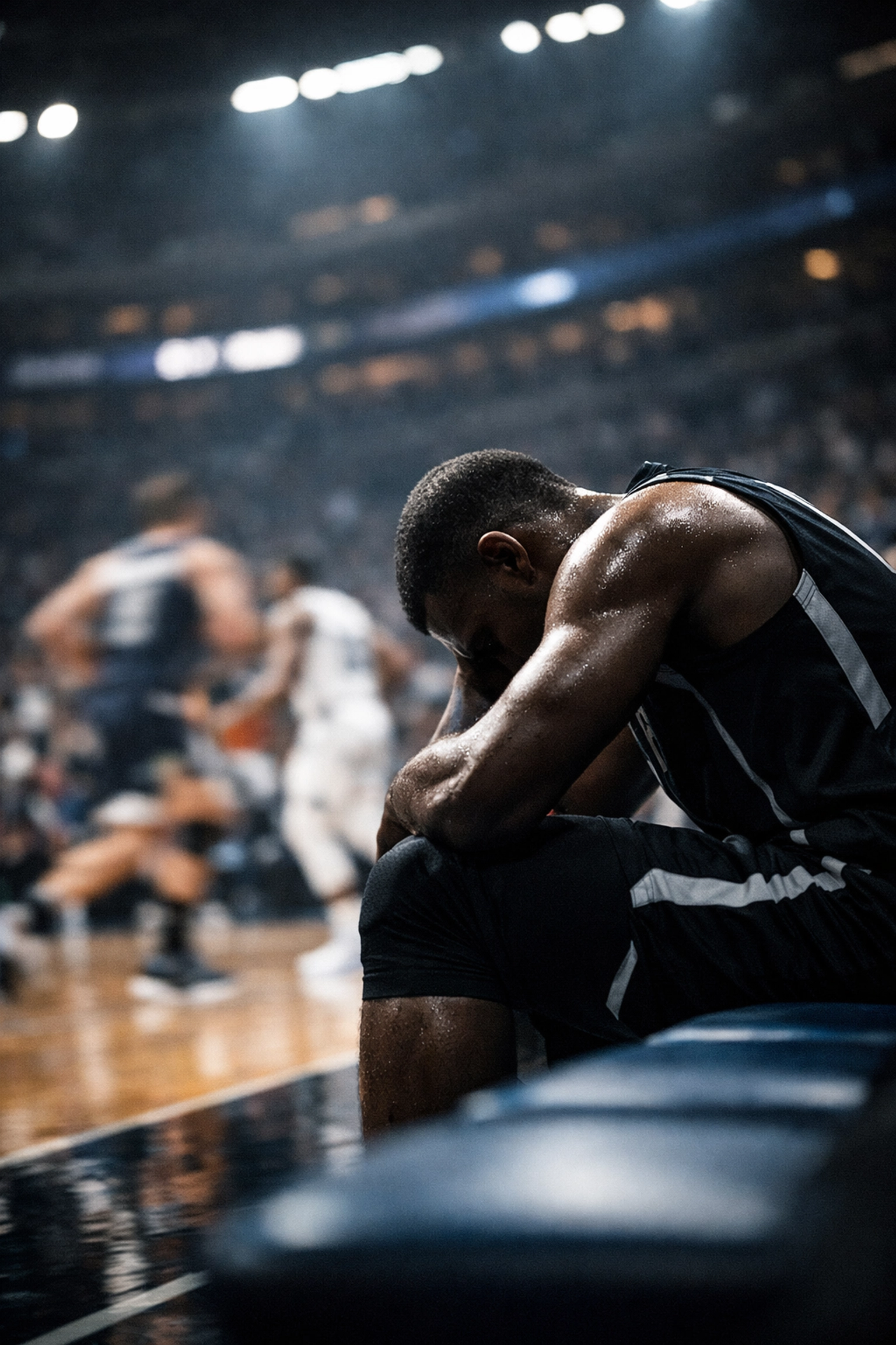 Frustrated NBA player on bench during losing season showing emotional toll of rebuild