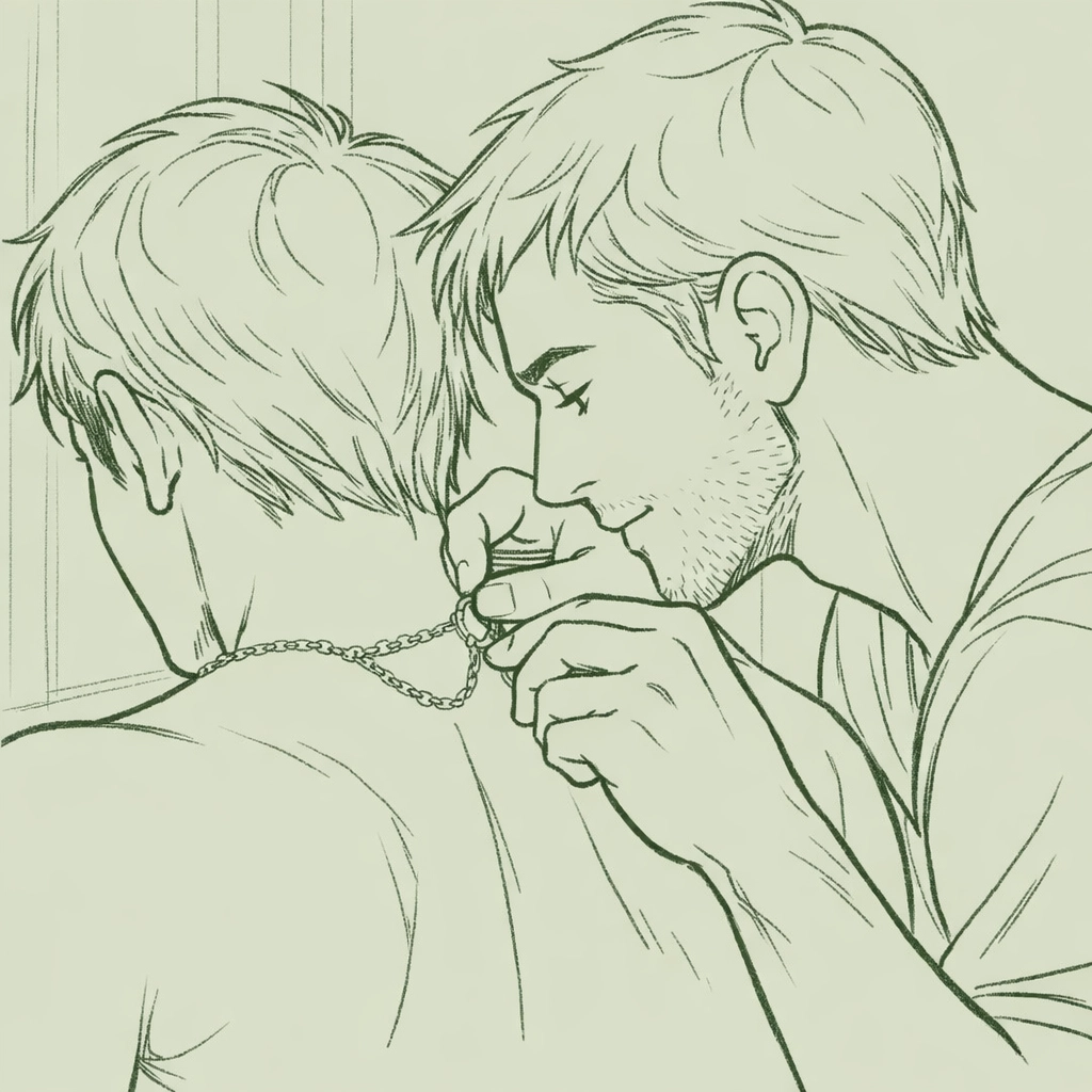 Hand-drawn art of an MM couple exploring gender expression through jewelry and intimate support.