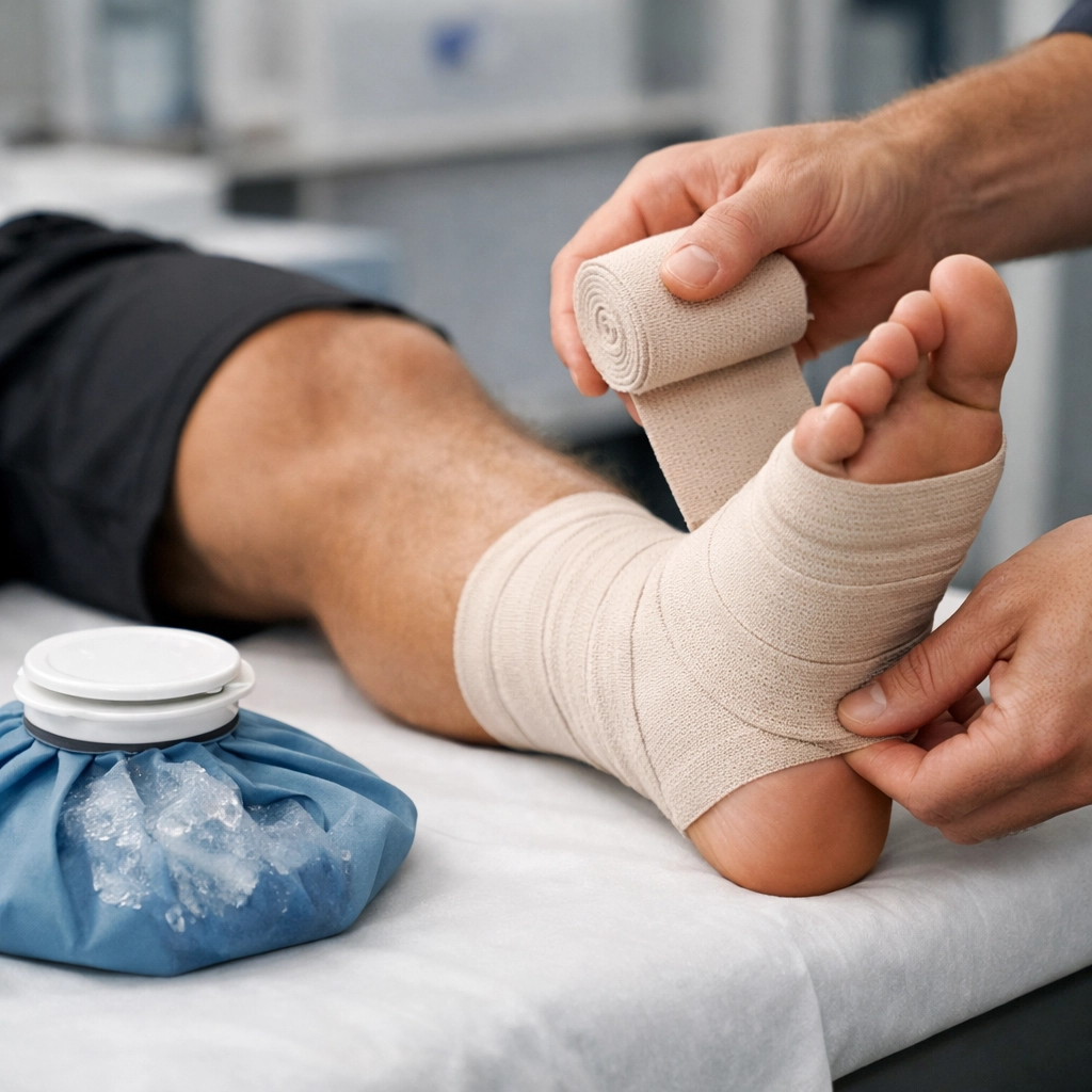 Athletic trainer applying compression bandage to injured ankle with ice pack for RICE protocol treatment