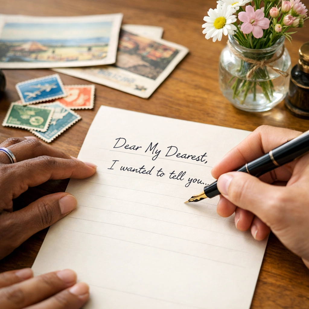Writing personalized letter to senior with fountain pen and colorful stamps on desk