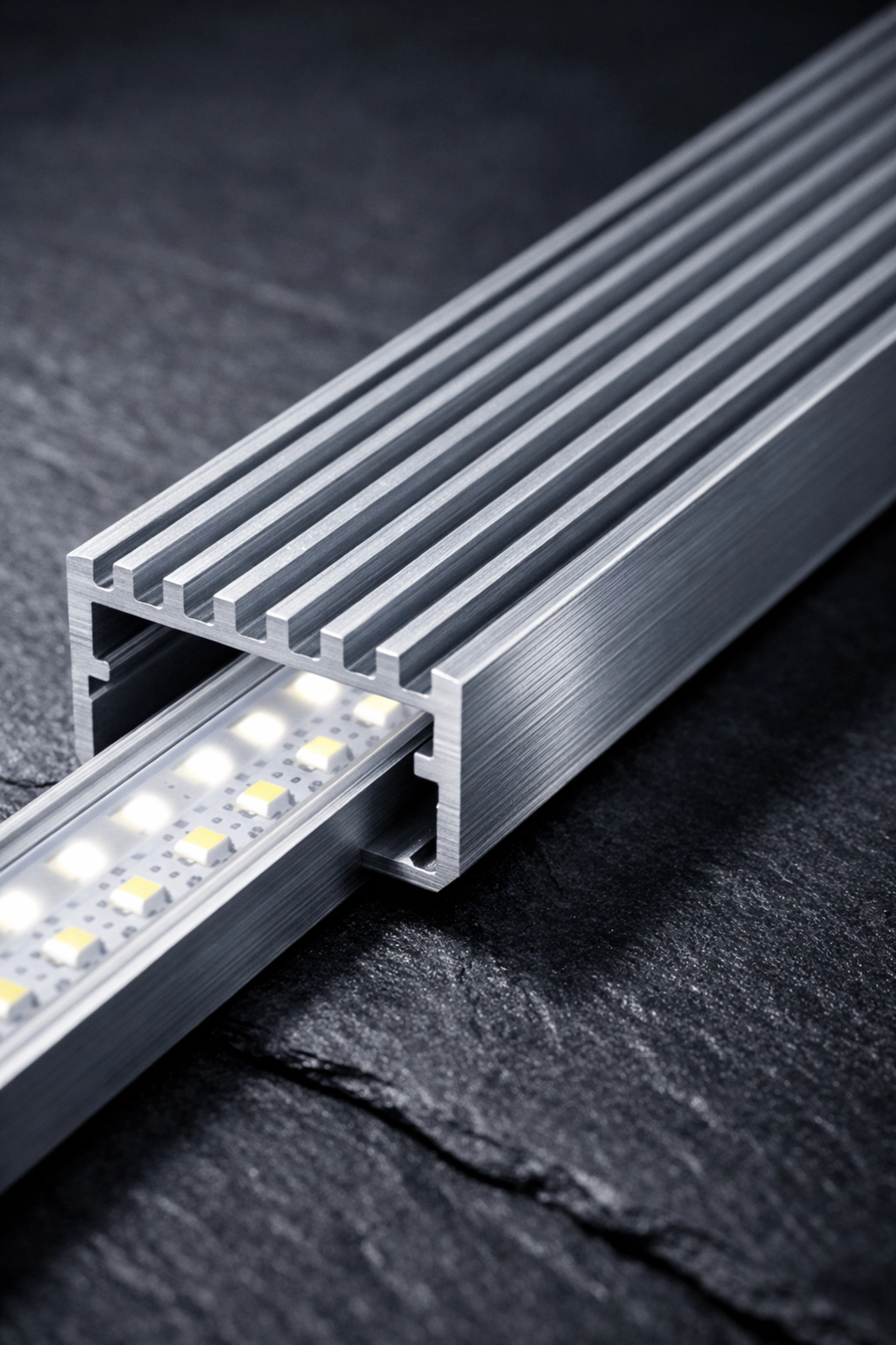 Silver aluminum LED channel macro showing cooling fins for optimal thermal management and heat dissipation.