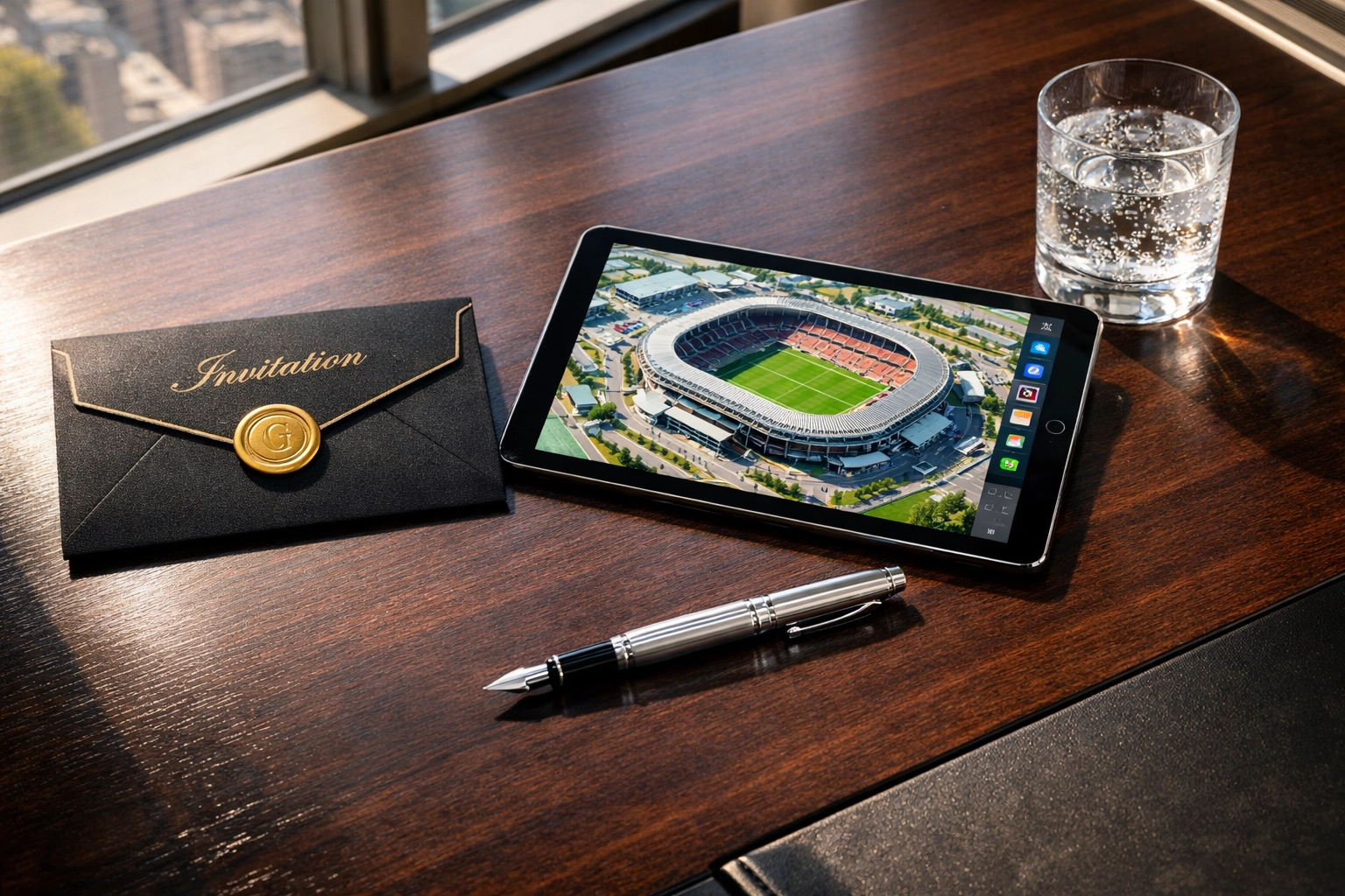 Luxury corporate invitation and stadium map tablet on an executive desk for Super Bowl marketing.