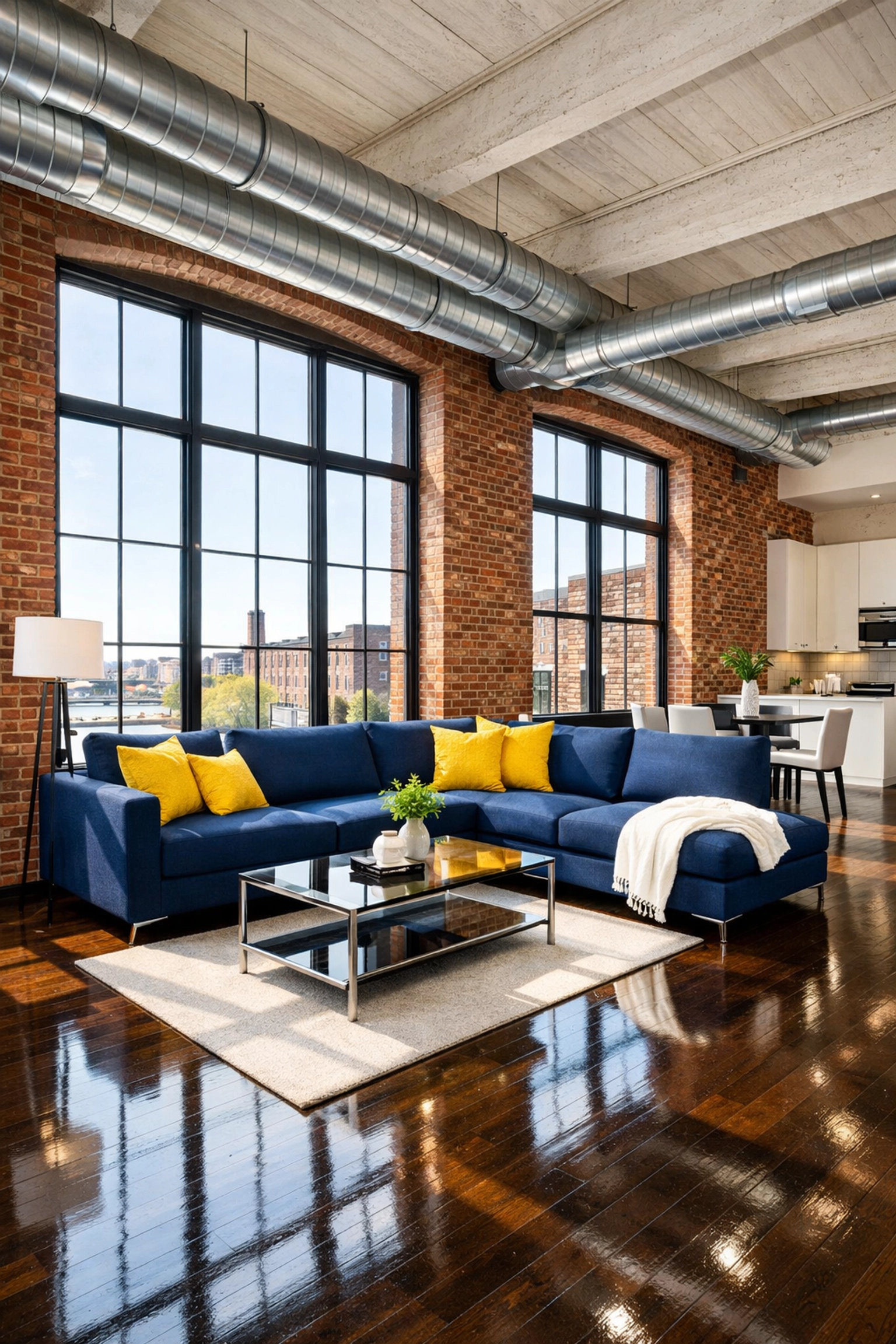 Modern industrial loft in Lowell cleaned by professional house cleaning services with polished floors.