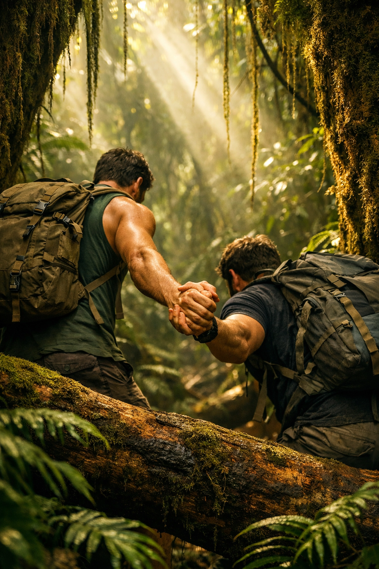 Two men holding hands while hiking through lush Amazon rainforest in MM romance adventure