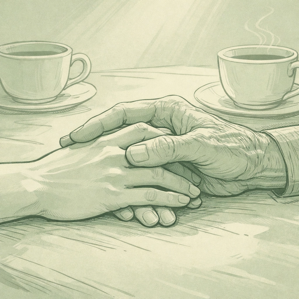 Intertwined hands of younger and older gay man symbolizing age gap relationship connection