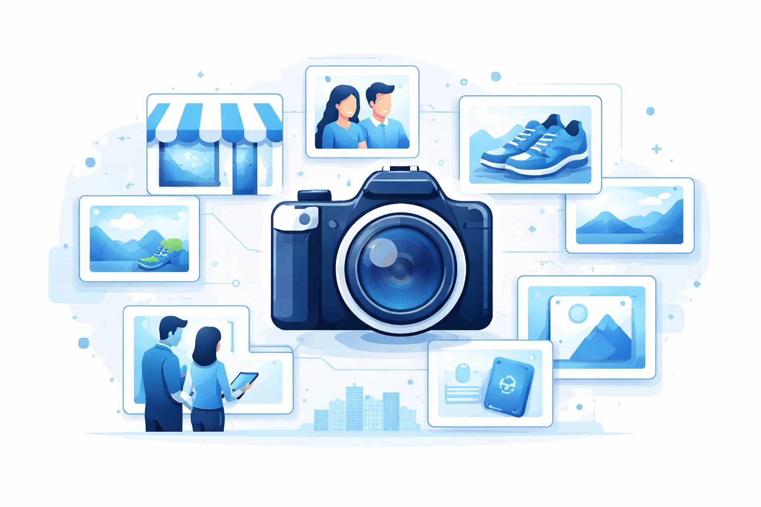 Photo thumbnails and storefront icon illustrating the importance of adding fresh images to your business profile