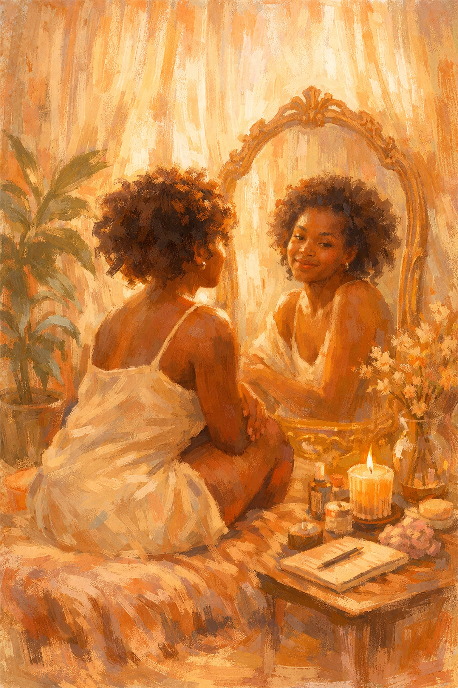 Woman practicing self-love and reflection in mirror, building confidence for healthy relationships