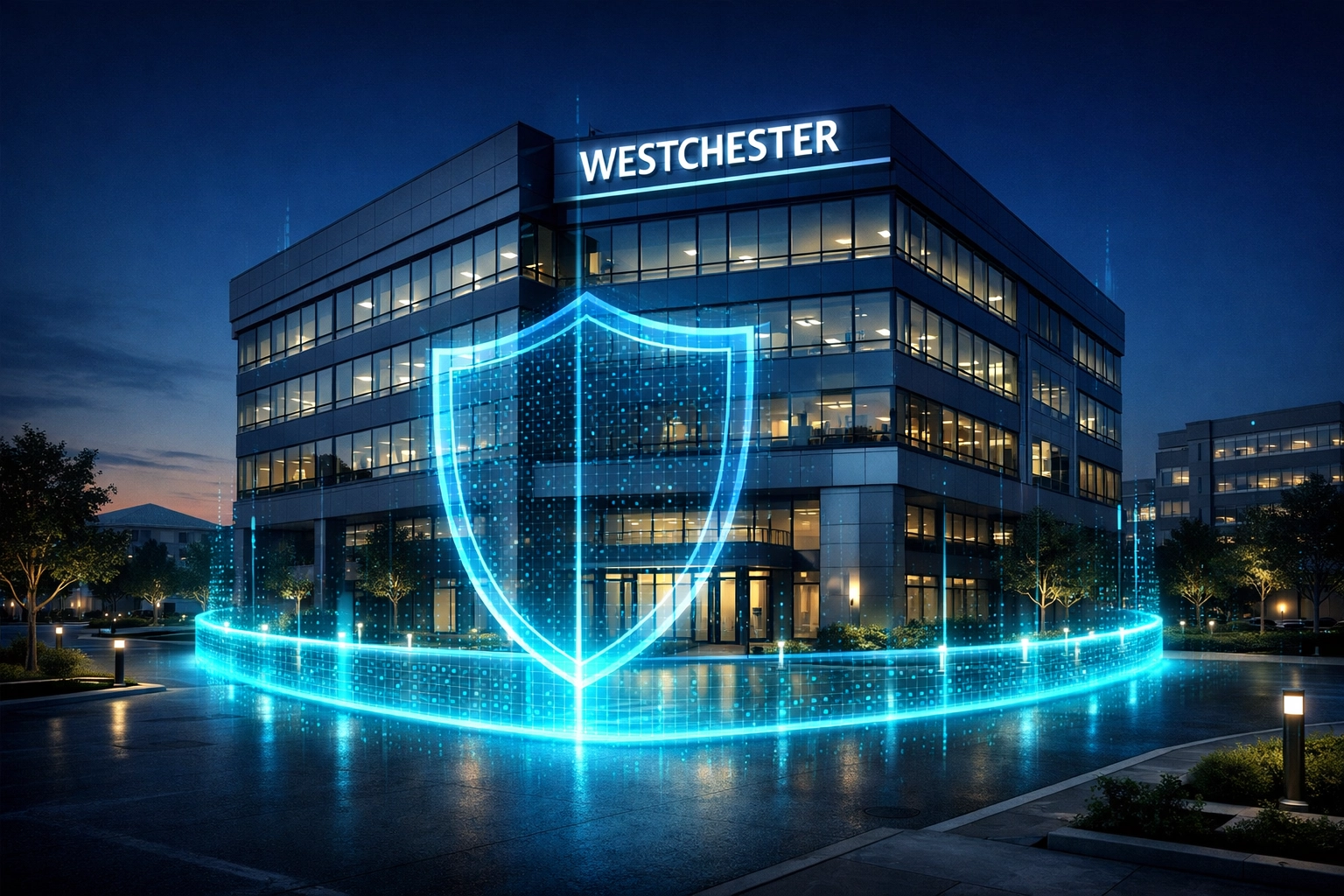 Digital shield representing 24/7 professional monitoring for Westchester commercial buildings.
