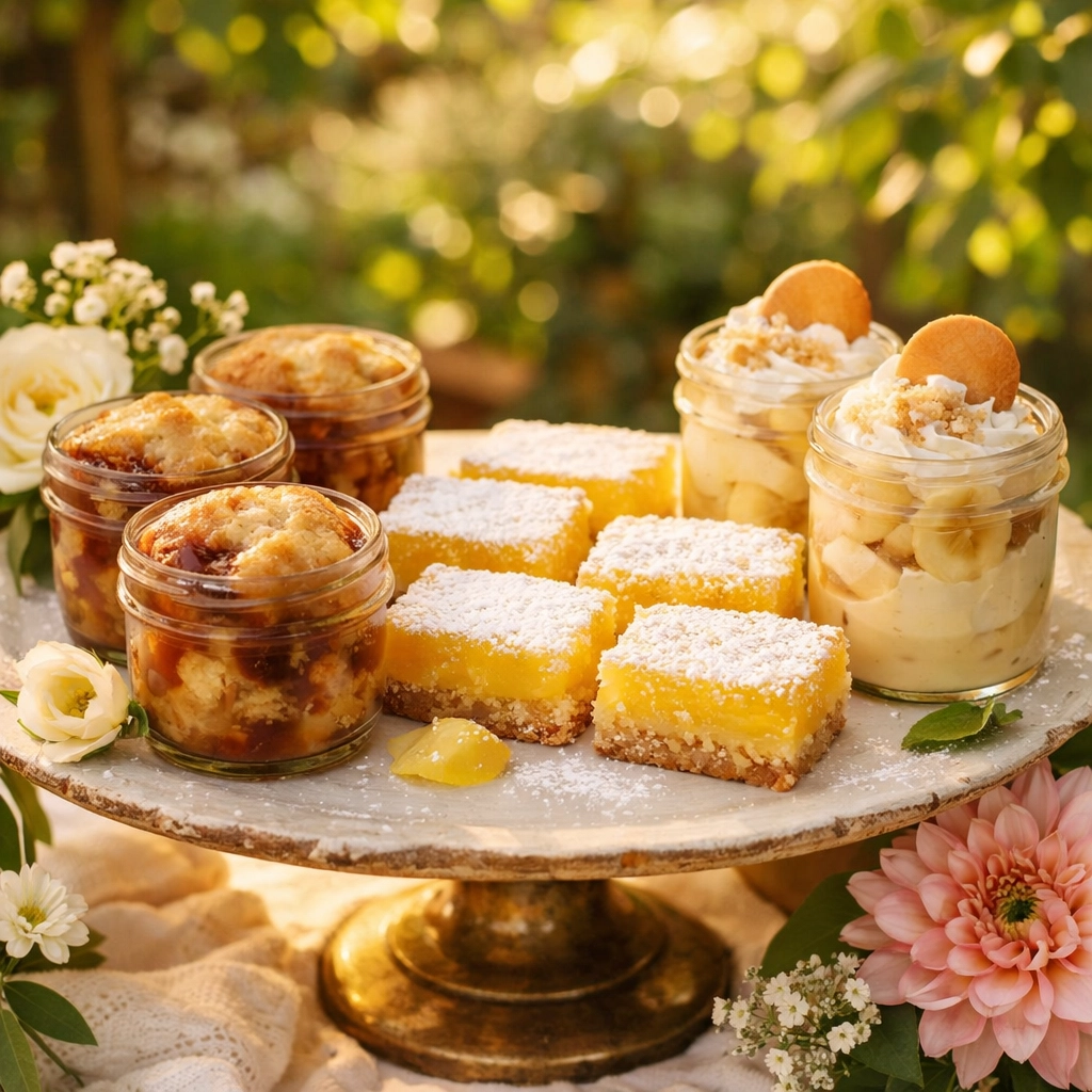 Individual Southern desserts in mason jars for outdoor garden party catering