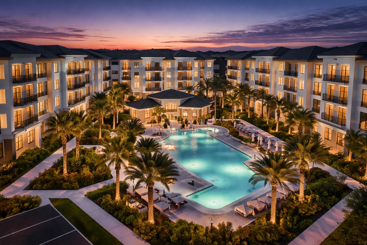 Luxury apartment complex at twilight, highlighting multifamily real estate syndication opportunities for investors
