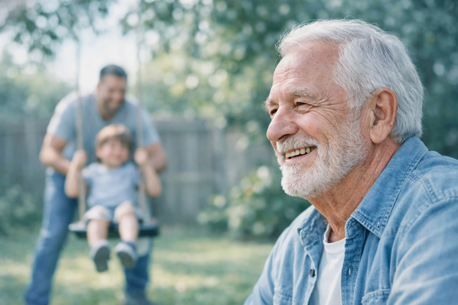 Multi-generational family in a backyard illustrating a permanent life insurance legacy.