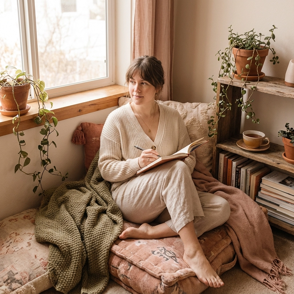 Woman writing in her journal reflecting on the year